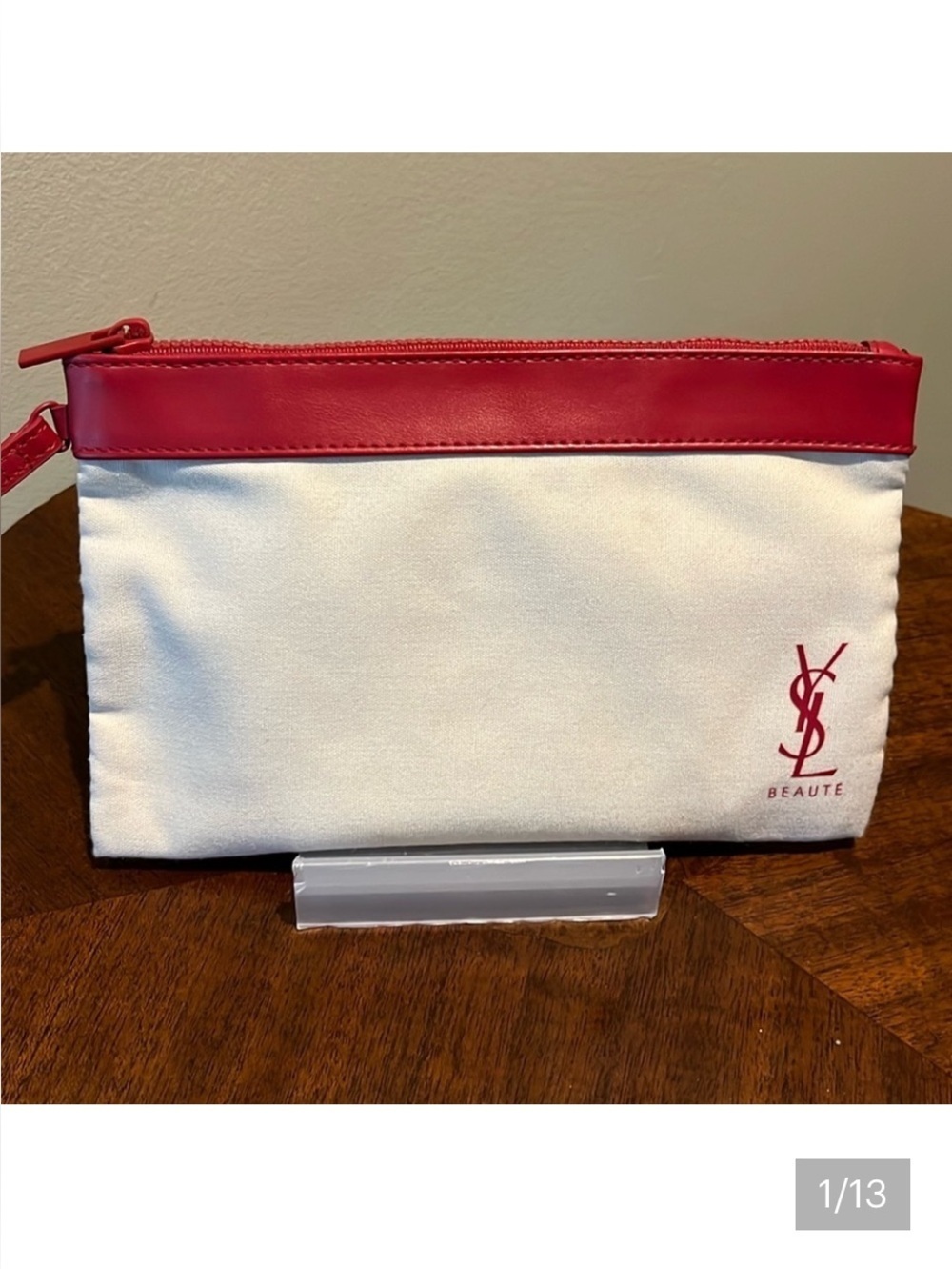 YSL Beaute Wristlet cosmetic case/pouch fabric Ivory cream/red trim & logo NWO